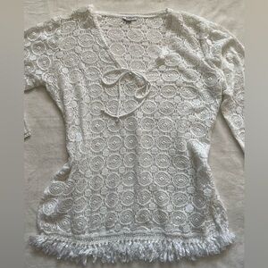White Open Knit Boho Crochet Fringe Sweater Top